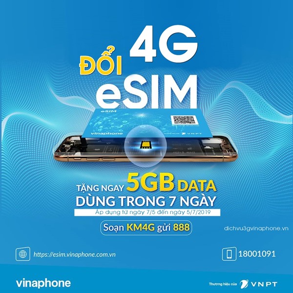 Vinaphone gia hạn tặng 5GB khi đổi sim 4G/esim đến tháng 7/2019