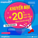 Vinaphone khuyến mãi tặng 20% giá trị thẻ nạp ngày 3/3/2020